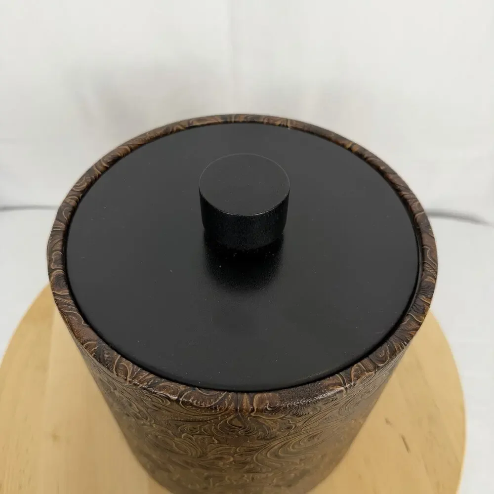 Vintage MCM Irvinware Brown Tooled Embossed Faux Leather Ice Bucket Western
